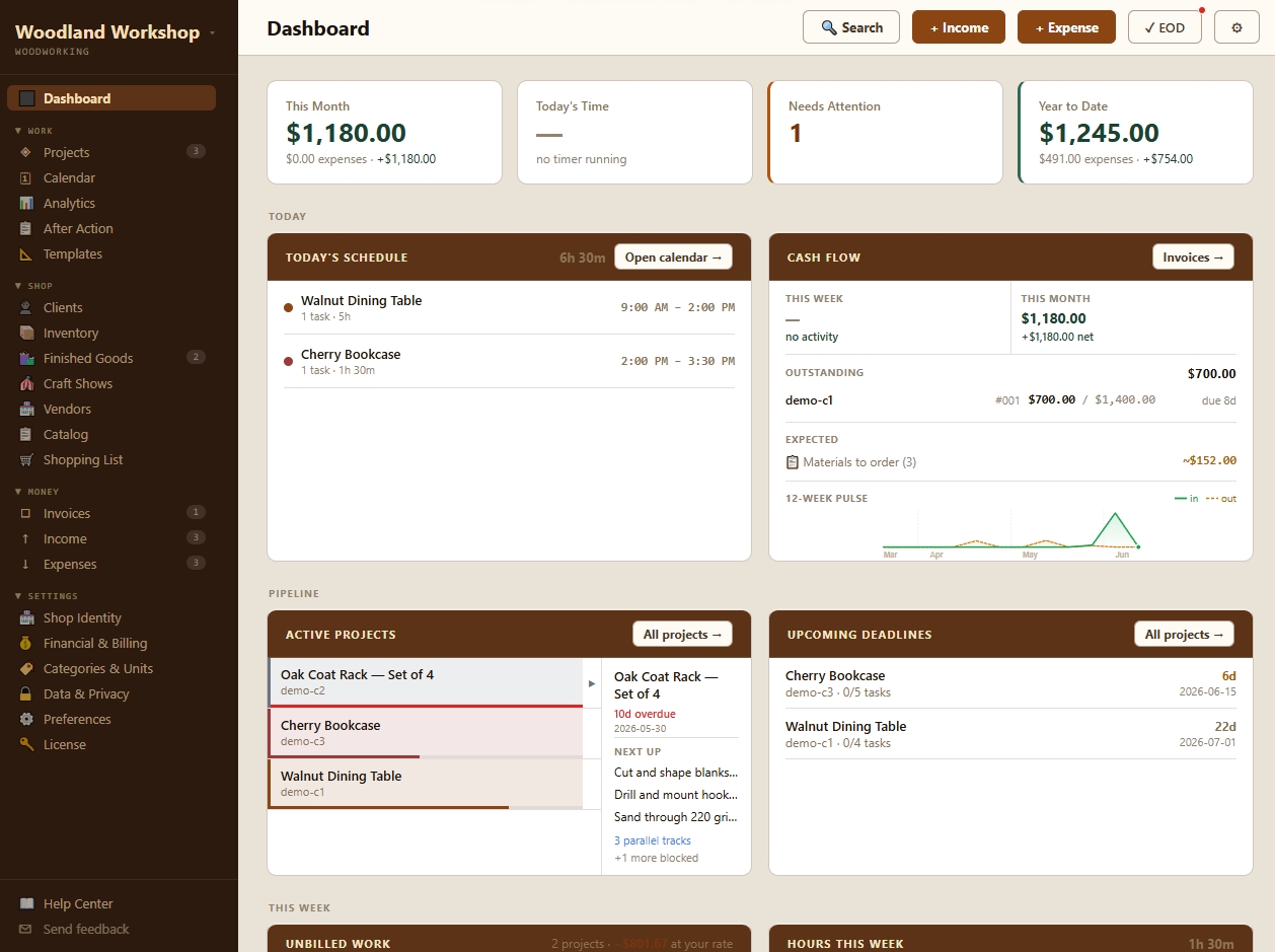 ShopLog dashboard — projects, cash flow, schedule, and unbilled work at a glance